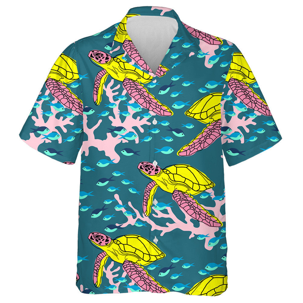 Exotic Marine Turtle And Coral Illustration Hawaiian Shirt,Hawaiian Shirt Gift, Christmas Gift