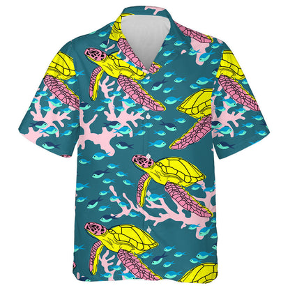 Exotic Marine Turtle And Coral Illustration Hawaiian Shirt,Hawaiian Shirt Gift, Christmas Gift