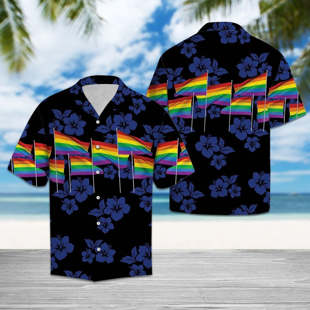 Lgbt Flag With Blue Hibiscus Design Hawaiian Shirt, Hawaiian For Gift