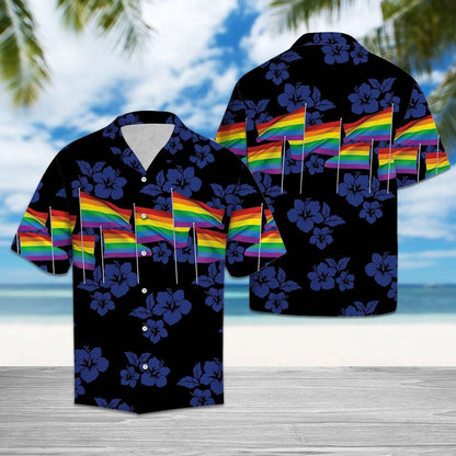 Lgbt Flag With Blue Hibiscus Design Hawaiian Shirt, Hawaiian For Gift