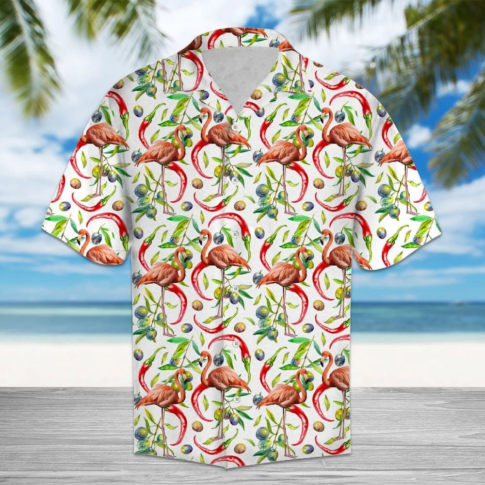 Messy Chili Peppers And Flamingo Pattern Hawaiian Shirt,Hawaiian Shirt Gift, Christmas Gift