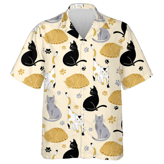 Cats And Paw Prints On Yellow Hawaiian Shirt, Hawaiian For Gift