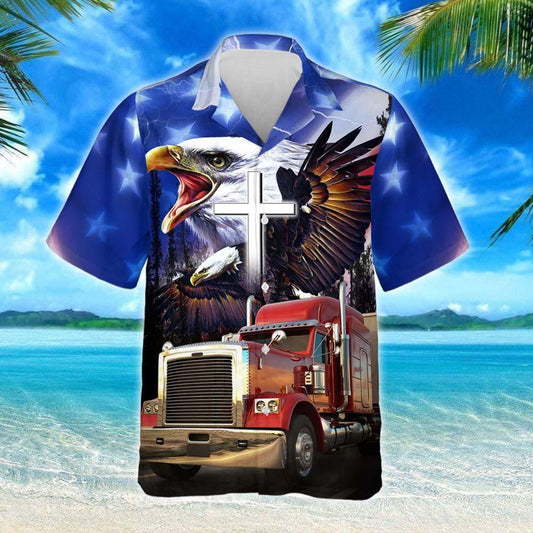 Blue Sky American Truck Eagle Design Hawaiian Shirt,Hawaiian Shirt Gift, Christmas Gift
