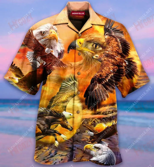 Eagle Flying In The Sunset Sky Unisex Short Sleeve Shirt Summer Hawaiian T Shirts Custom Hawaiian Shirts Hawaiian Shirt Pattern, Hawaiian Shirt Gift, Christmas Gift