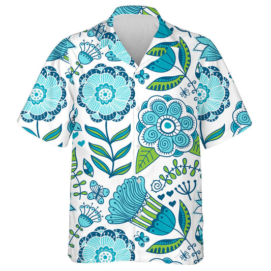 Hand Drawn Tribal Blue Butterfly And Flowers Hawaiian Shirt, Hawaiian Shirt Gift, Christmas Gift