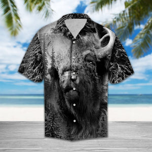 Wild Bison Black And White Photo Hawaiian Shirt, Hwaiian For Gift