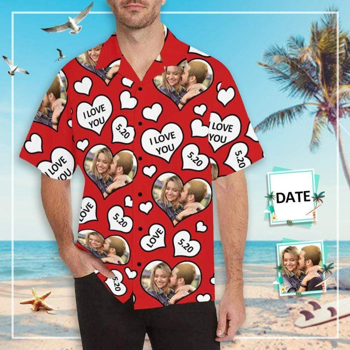 Doodle White Hearts On Red Custom Photo And Number Hawaiian Shirt, Hawaiian Shirt Gift, Christmas Gift