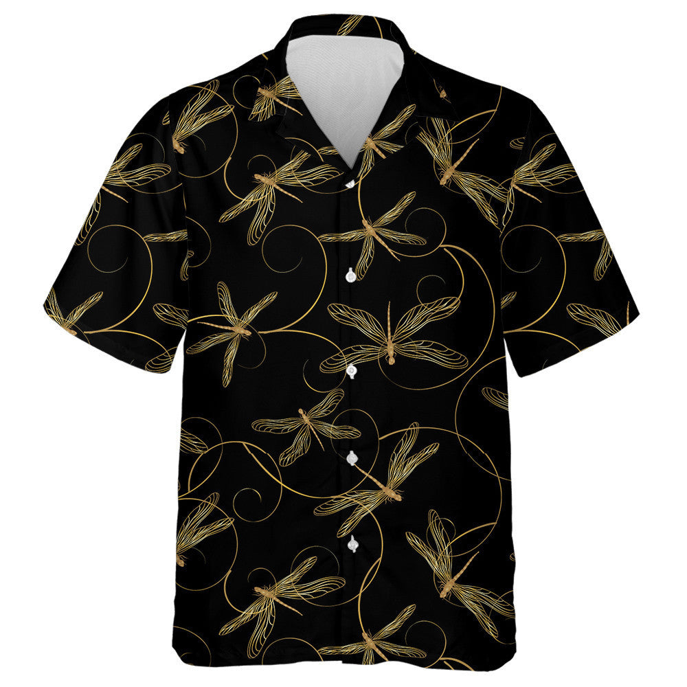 Gold Dragonflies On A Black Background Hawaiian Shirt,Hawaiian Shirt Gift, Christmas Gift