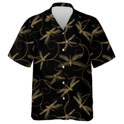 Gold Dragonflies On A Black Background Hawaiian Shirt,Hawaiian Shirt Gift, Christmas Gift