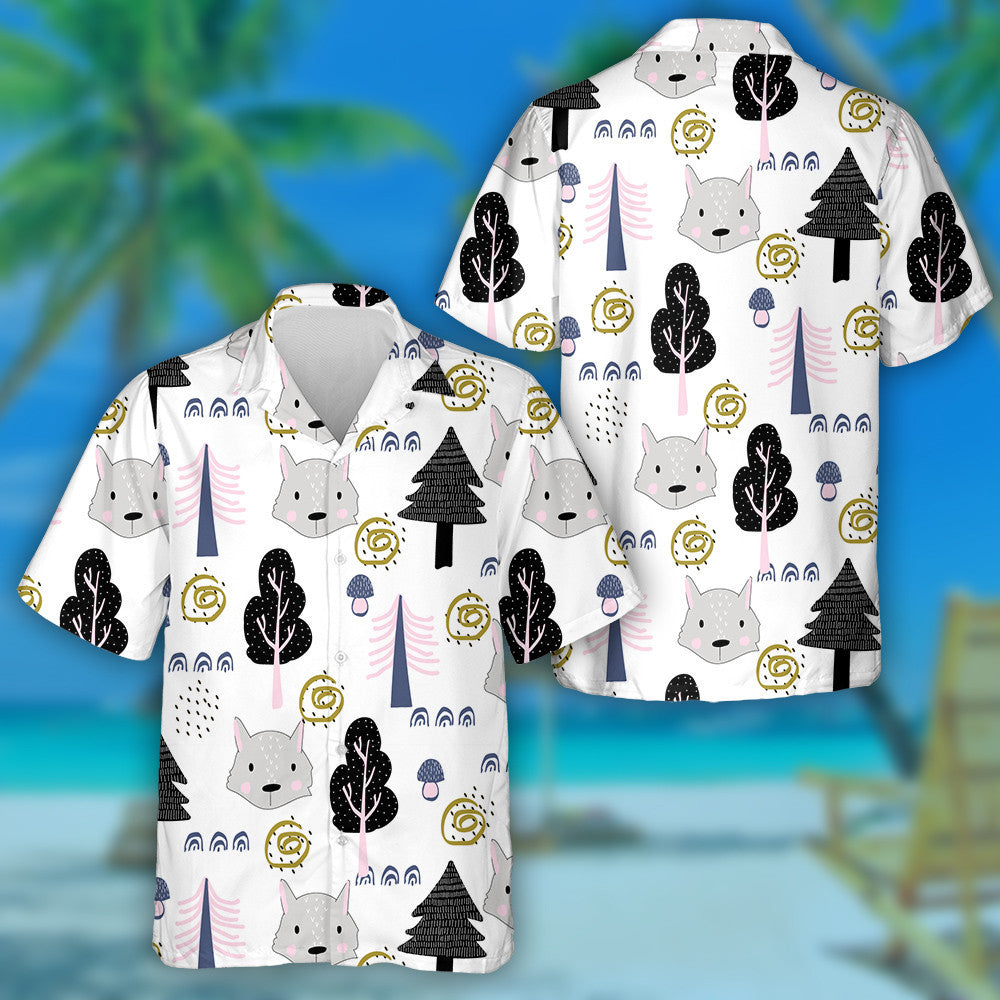Cartoon Autumn Forest With Wolf Head Hawaiian Shirt, Hawaiian For Gift