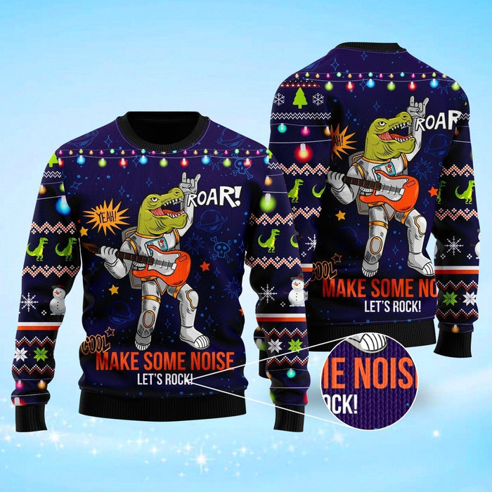 Funny T-rex Play Rock Music Between Stars Planets Galaxies Ugly Christmas Sweater, Christmas Ugly Sweater,Christmas Gift,Gift Christmas 2022