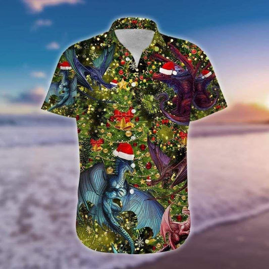 Design Hawaiian Shirt Amazing Dragon Family In Christmas Eve, Hawaiian Shirt Gift, Christmas Gift