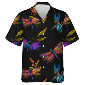 Colorful Dragonfly With Leaves On Black Hawaiian Shirt, Hawaiian For Gift