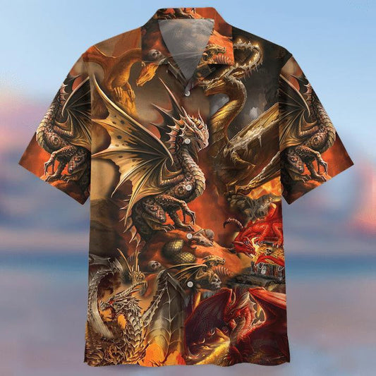 Orange And Black Dragon Hunting Pattern Hawaiian Shirt,Hawaiian Shirt Gift, Christmas Gift