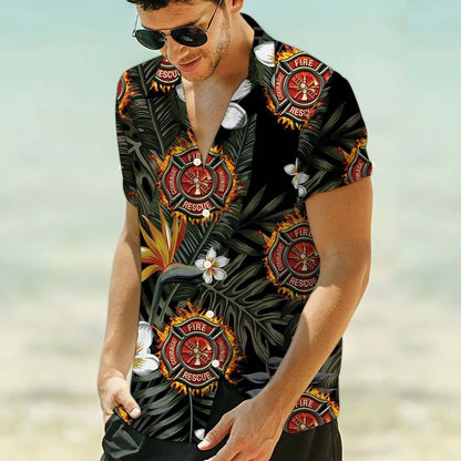 Logo Of Firefighter With Tropical Ferns Pattern Hawaiian Shirt, Hawaiian Shirt Gift, Christmas Gift