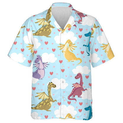 Bright Multicolored Dragons In Hearts And Clouds Hawaiian Shirt, Hawaiian Shirt Gift, Christmas Gift