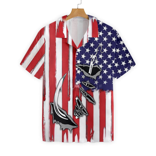 Fish Hook American Flag Background Hawaiian Shirt,Hawaiian Shirt Gift, Christmas Gift