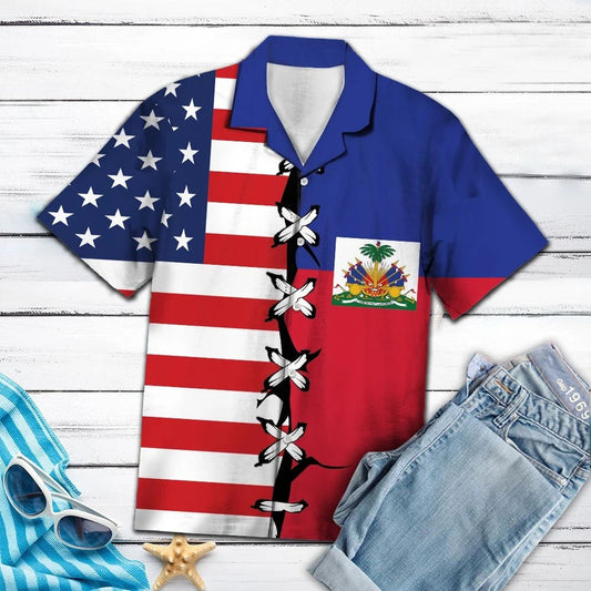 Haiti Root With American Flag Hawaiian Shirt,Hawaiian Shirt Gift, Christmas Gift