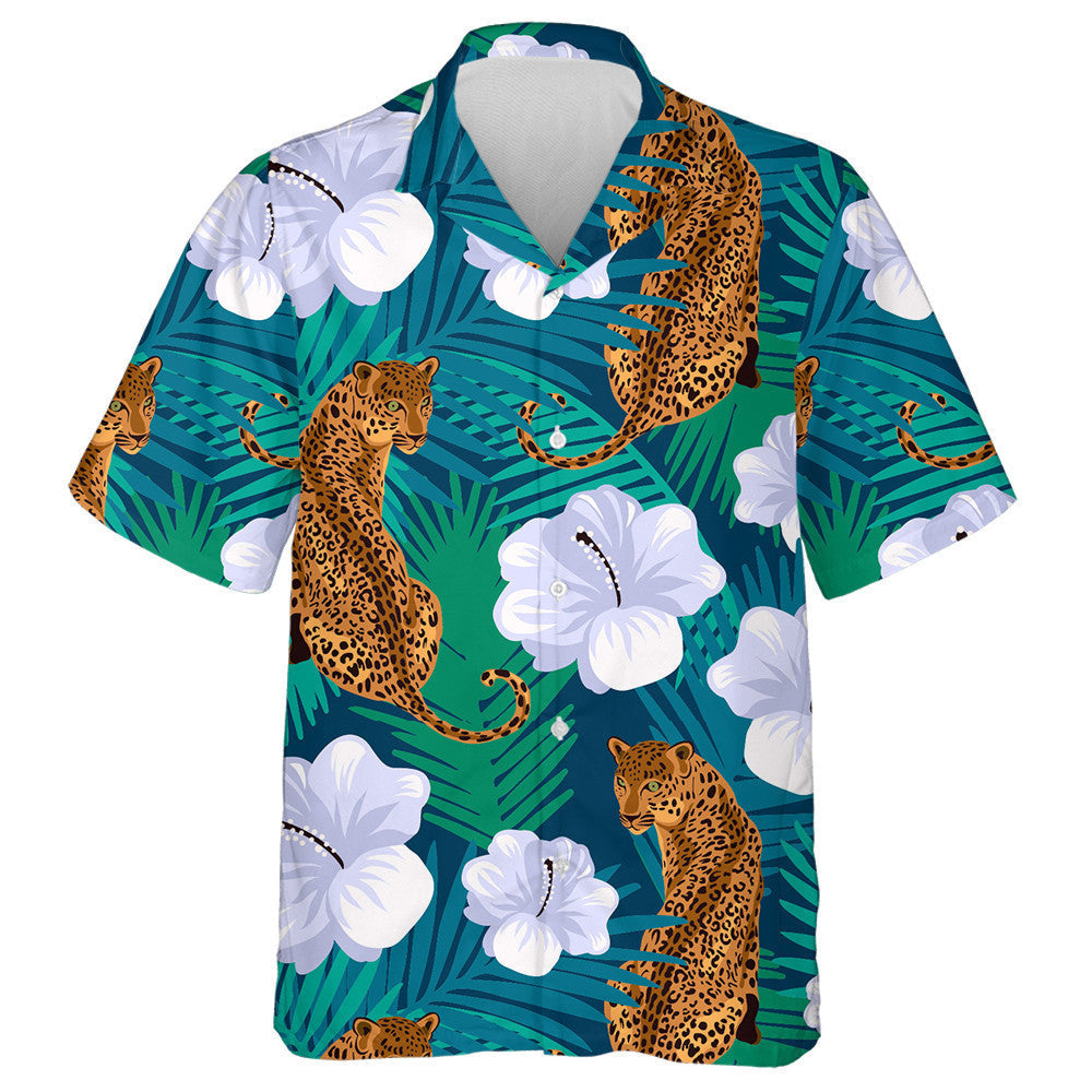 Floral Jungle Leopard In Deep Blue Background Hawaiian Shirt, Hawaiian Shirt Gift, Christmas Gift