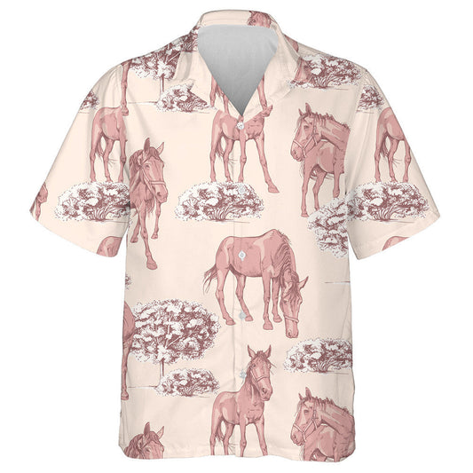 Grazing Beautiful Pink Horses Trees And Bushe Hawaiian Shirt, Hawaiian Shirt Gift, Christmas Gift