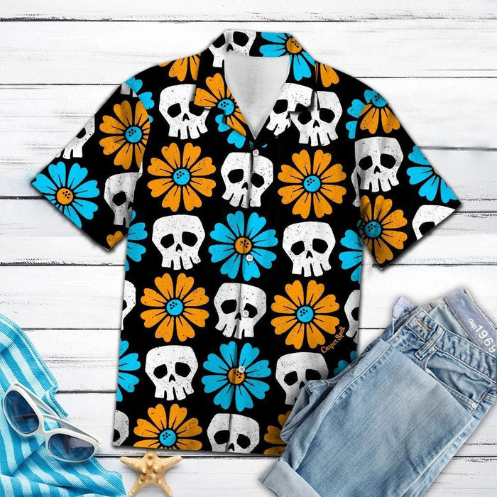 Amazing Skull Bone And Colored Flower Pattern Hawaiian Shirt, Hawaiian Shirt Gift, Christmas Gift