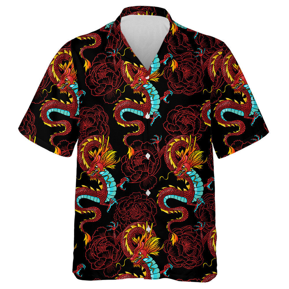 Traditional Chinese Dragons And Red Peonies Hawaiian Shirt,Hawaiian Shirt Gift, Christmas Gift