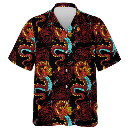 Traditional Chinese Dragons And Red Peonies Hawaiian Shirt,Hawaiian Shirt Gift, Christmas Gift