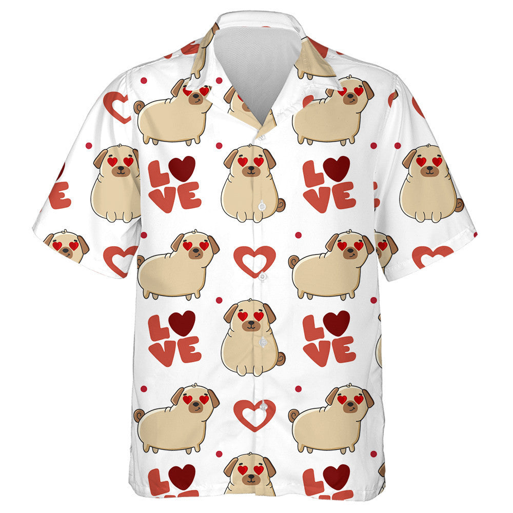 Cute Dog Breed Pug And Hearts On White Background Hawaiian Shirt, Hawaiian Shirt Gift, Christmas Gift