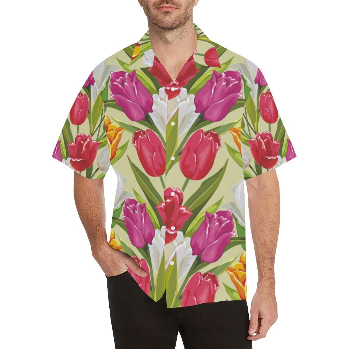 Colorful Tulip Pattern Men'S All Over Print Hawaiian Aloha Shirt, Hwaiian For Gift