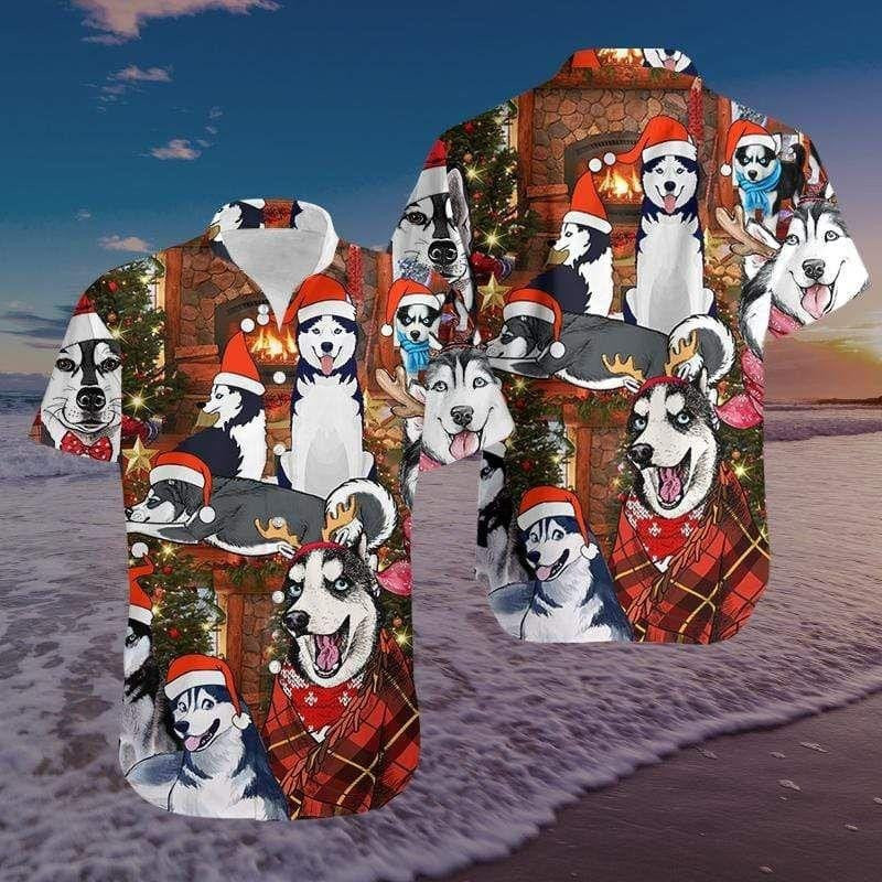 Léine Haváís Nollaig Shona Le Madra Gleoite Husky, Bronntanas Léine Haváíais, Bronntanas Nollag.