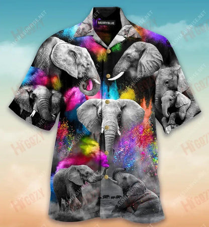 Colorful Elephants Unisex Short Sleeve Shirt Ocean Aloha Shirt Hawaiian Crazy Shirts Hawaiian Shirt Pattern, Hwaiian For Gift