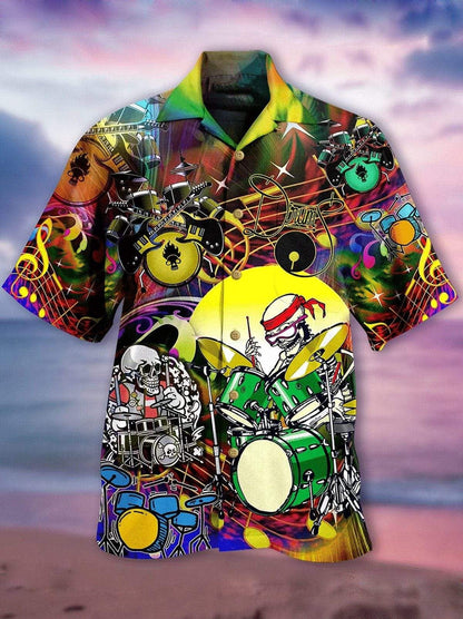 Halloween Skull Skeleton Playing Drum Background Hawaiian Shirt, Hawaiian Shirt Gift, Christmas Gift
