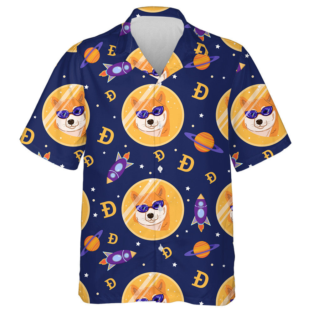 Cartún Cryptocurrency Madra Shiba Sa Spás Cúlra Leithlisithe Léine Haváíais, Bronntanas Léine Haváíais, Bronntanas Nollag