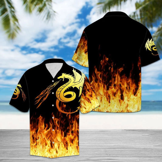 Flame Dragon In Black Background Hawaiian Shirt,Hawaiian Shirt Gift, Christmas Gift