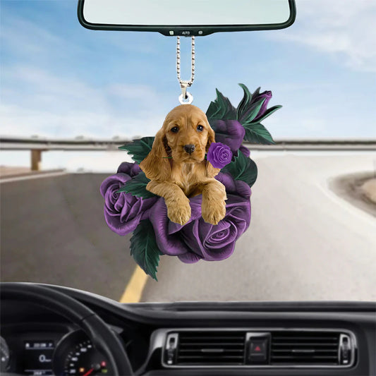 English Cocker Spaniel In Purple Rose Car Hanging Ornament, Christmas Decoration