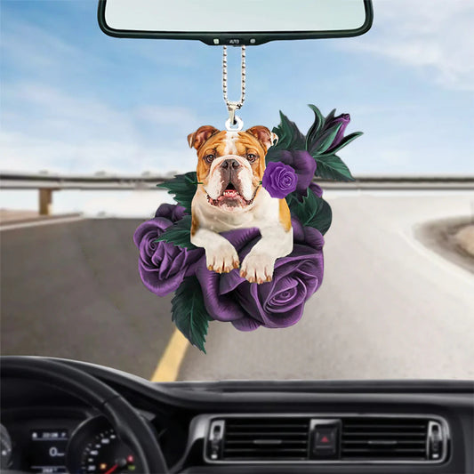 Bulldog In Purple Rose Car Hanging Ornament, Christmas Decoration