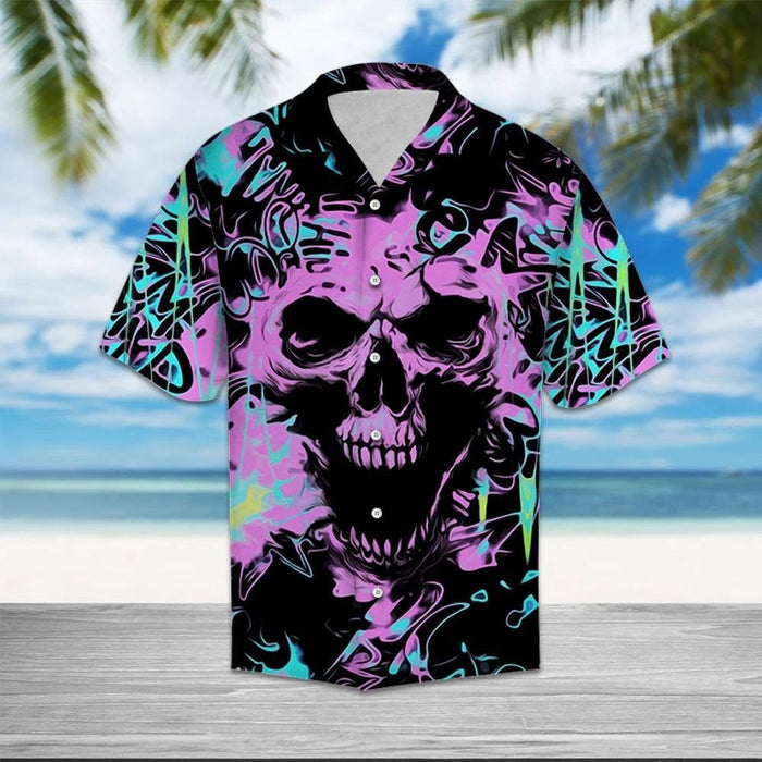 Purple And Teal Edm Skull Design Hawaiian Shirt,Hawaiian Shirt Gift, Christmas Gift