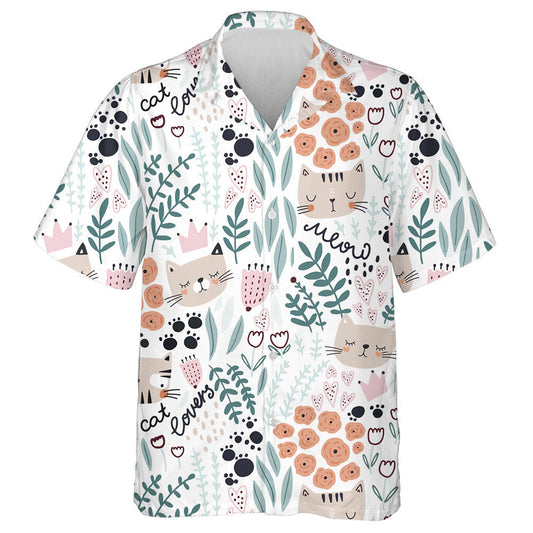 Cute Hand Drawn Cats And Florals Hawaiian Shirt,Hawaiian Shirt Gift, Christmas Gift