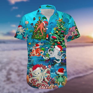 Funny Octopus Santa Christmas Blue Design Hawaiian Shirt, Hawaiian Shirt Gift, Christmas Gift.