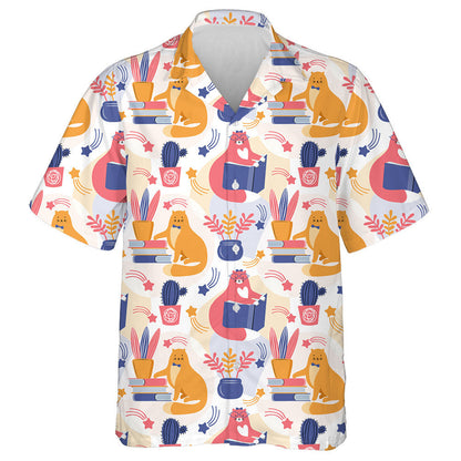 Cat Cliste Bándearg Agus Oráiste ag Léamh Léine Haváís, Bronntanas Léine Haváíais, Bronntanas Nollag