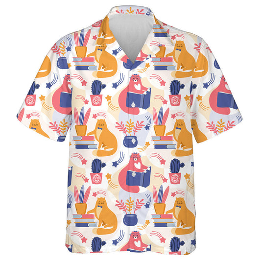 Cat Cliste Bándearg Agus Oráiste ag Léamh Léine Haváís, Bronntanas Léine Haváíais, Bronntanas Nollag