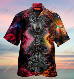 Amazing Colorful Wolf Unisex Hawaiian Shirt Ocean Short Sleeve Hawaiian Crazy Shirts Hawaiian Shirt, Hawaiian Shirt Christmas Gift