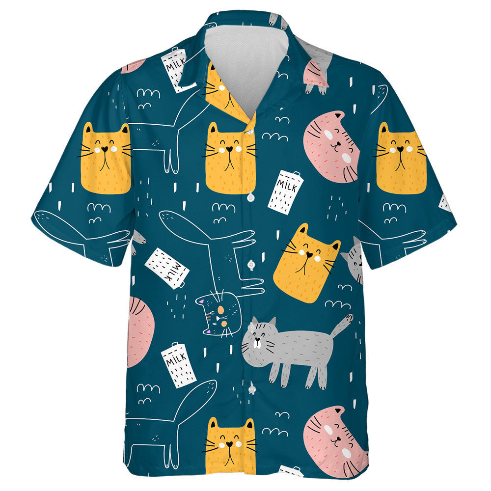 Cartoon Cats And Milk With Decor Elements Hawaiian Shirt, Hawaiian Shirt Gift, Christmas Gift