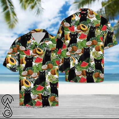 Black Cat Tropical Fruits Hawaiian Shirt,Hawaiian Shirt Gift, Christmas Gift