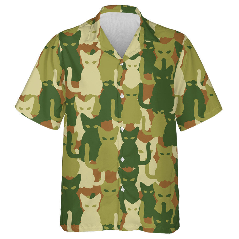 Happy Cat Silhouette Green Camo Military Pattern Hawaiian Shirt, Hawaiian Shirt Gift, Christmas Gift