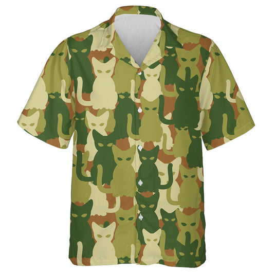 Happy Cat Silhouette Green Camo Military Pattern Hawaiian Shirt, Hawaiian Shirt Gift, Christmas Gift
