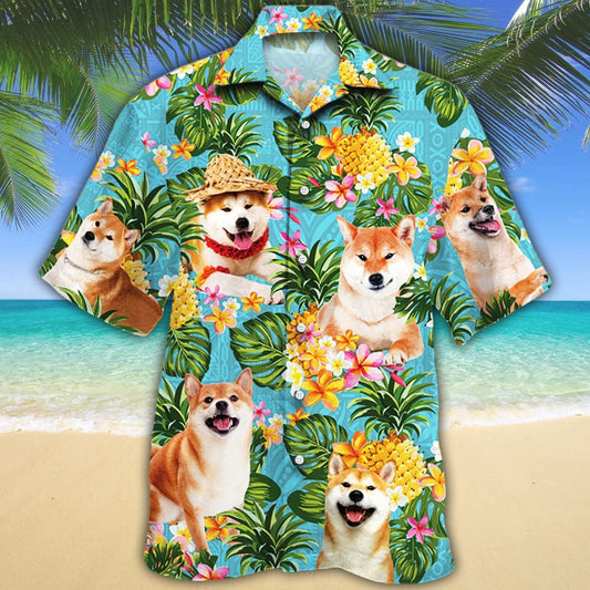 Shiba Inu With Pineapples And Flowers Hawaiian Shirt,Hawaiian Shirt Gift, Christmas Gift