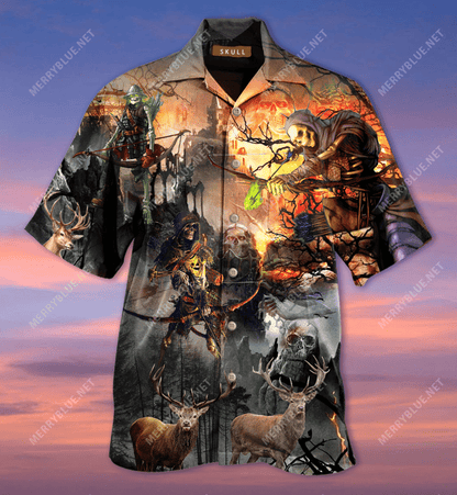 Skull Hunting Elk Hawaiian Aloha Shirt Hawaiian Shorts Beach Short Sleeve, Hawaiian Shirt Gift, Christmas Gift