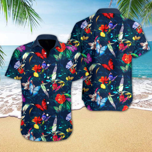 Butterly Flower On Dark Blue Design Hawaiian Shirt, Hawaiian For Gift