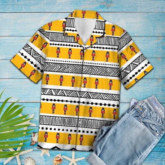 Nutcracker In Yellow Black And White Lines Hawaiian Shirt,Hawaiian Shirt Gift, Christmas Gift